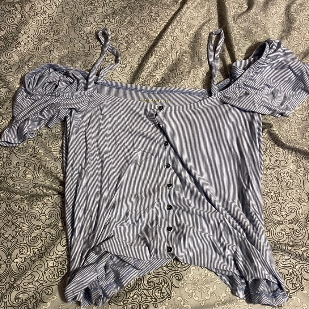 Off the shoulder blue and white shirt